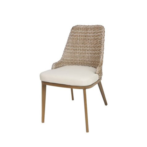 Outdoor Aluminum Chair In Wood Grain Finish with Wicker Woven Back and Ivory Cushioned Seat