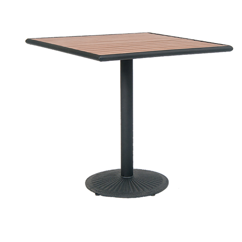 Outdoor Black Steel Table with Brown Imitation Teak Slat Top
