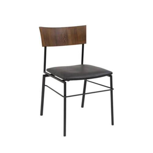 Industrial Style Black Metal Chair with Walnut Elmwood Back and Black Vinyl Seat